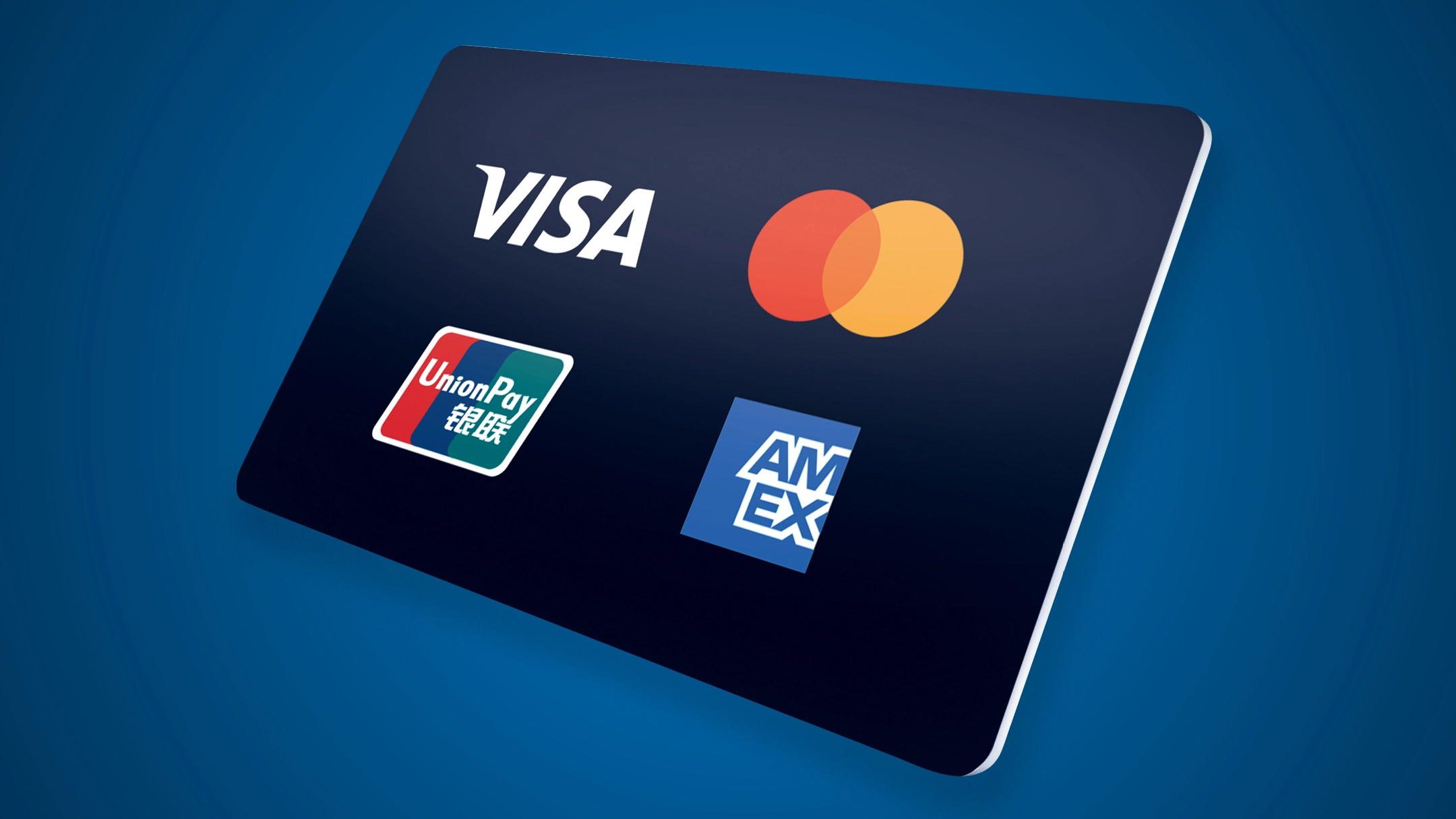 Illustration of black credit card with Visa, Mastercard, UnionPay and American Express logos