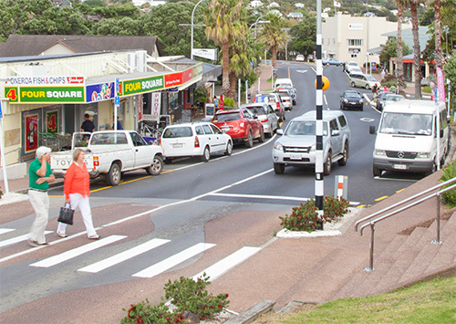 Residents crossing on the zebra crossing in Oneroa, Waiheke