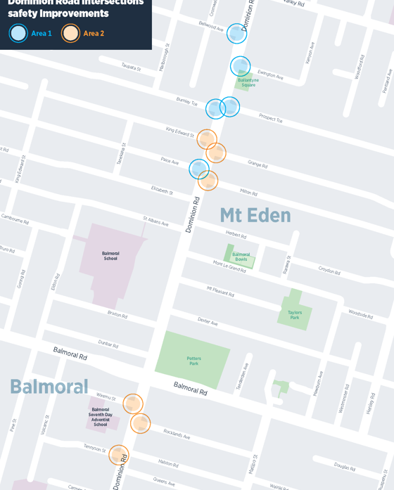 Map of roads in Balmoral and Mount Eden showing which intersections are getting safety improvements