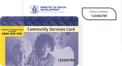A Community Services Card issued by the Ministry of Social Development is displayed with a sample client number.