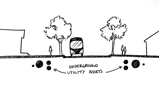 Hand-drawn sketch showing a scene above the road and then the underground utility assets beneath the road.
