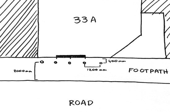 Hand drawn diagram with the required dimensions on a footpath, in between a store front and the road. The bollards should have 2000mm between them and the road, be spaced 1200mm apart and have 400mm between the bollards and the store front.