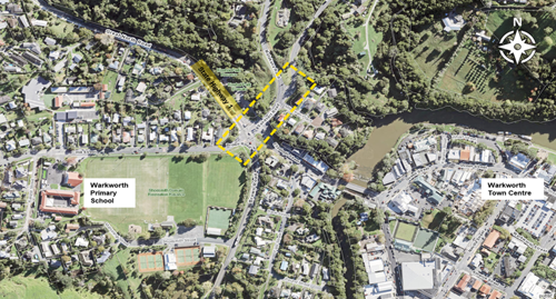 Aerial view of Warkworth highlighting the Hill Street intersection