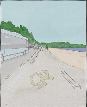 No parking lines, except for mobility parking on the beachfront at Onetangi beach.