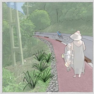 Person pushing a pram up the hill on the footpath with barriers separating the footpath and the road.