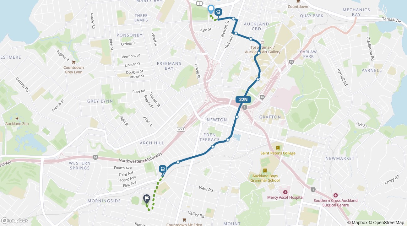 Map showing bus route 22N from city centre to Eden Park.