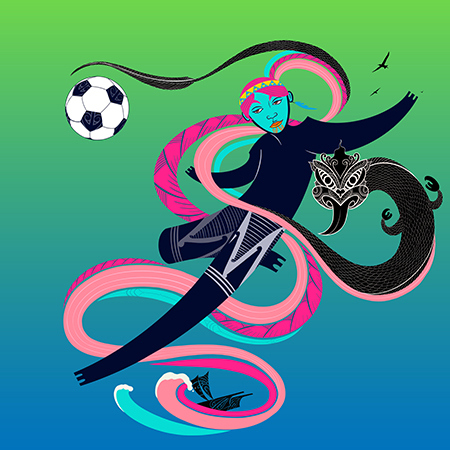 Image of our Auckland Transport wāhine design symbolising players, the excitement of the crowd and atmosphere of going to the game. It depicts the journey of match goers to support by travelling from around the world or around Aotearoa New Zealand. 
