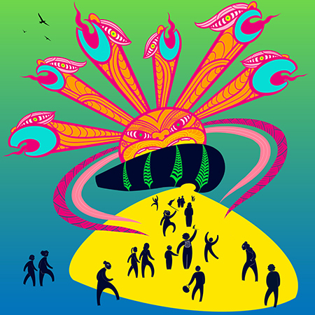 Image of Eden Park ngā ana wai (the watery caverns) depicts te Rā (the sun) with taniwha coming out of the raw symbolising the energy of the World cup. The pink ‘arms’ are welcoming in spectators, symbolising manaakitanga (hospitality). The frigate birds symbolise the players who have travelled across oceans to the game.