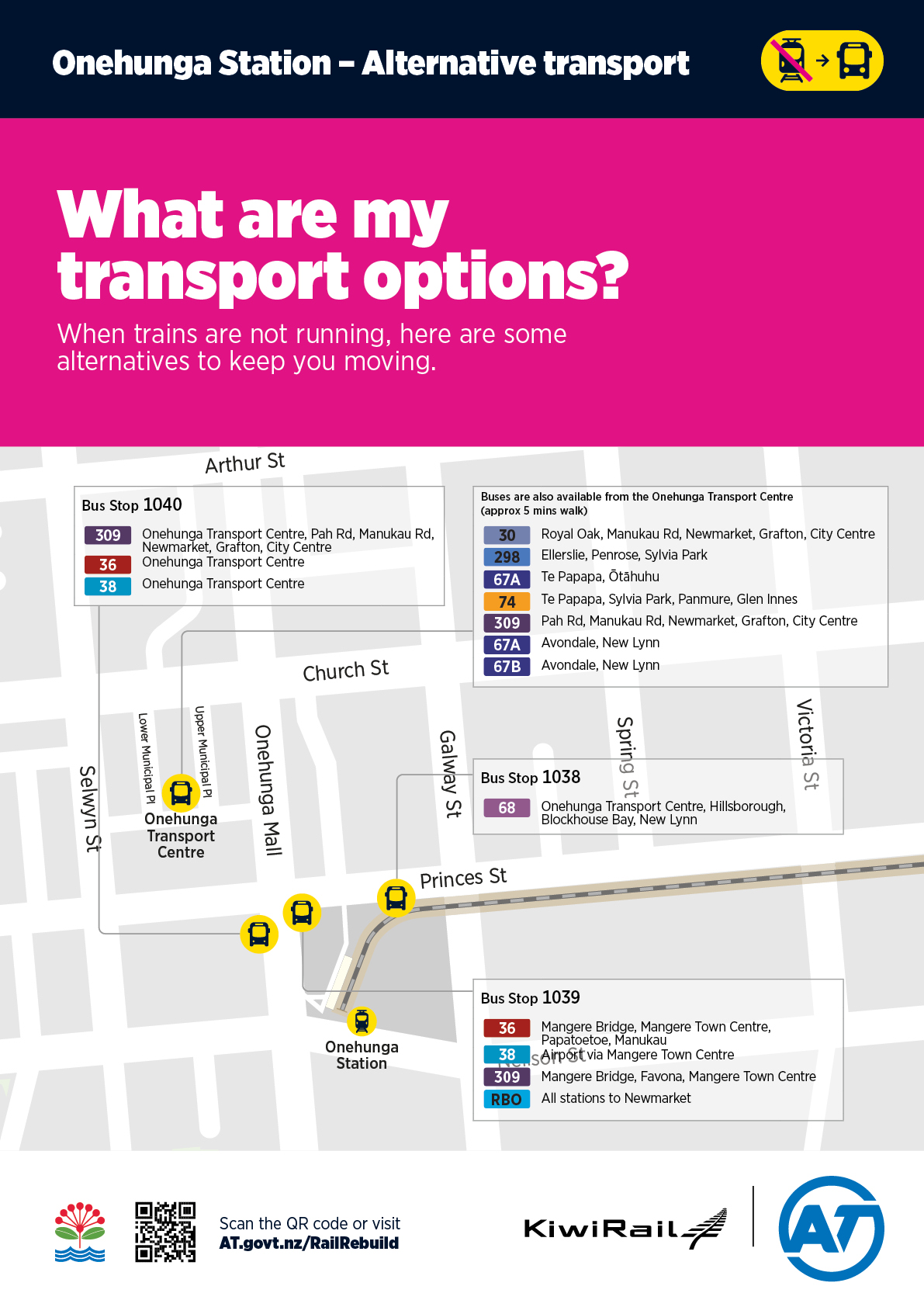 Map of Onehunga Station showing rail bus replacements.