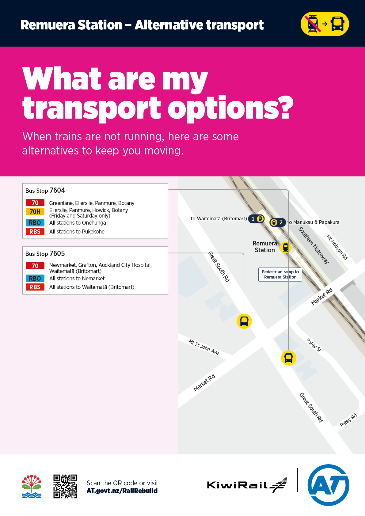 Map showing alternative transport options for Remuera Station.