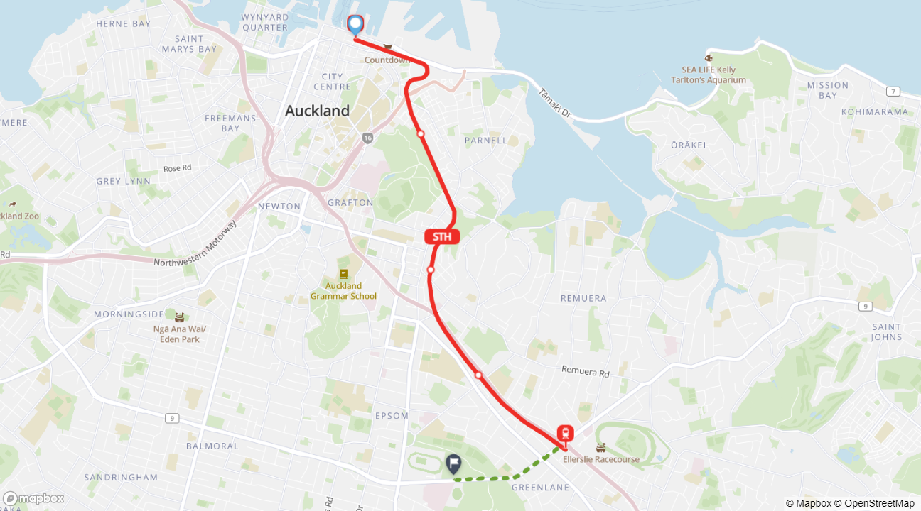 Waitematā Station to Auckland Showgrounds train journey map