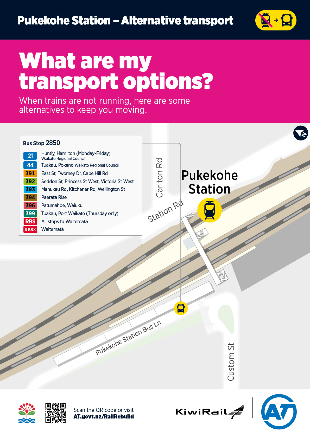 Map for bus alternatives at Pukekohe Station.