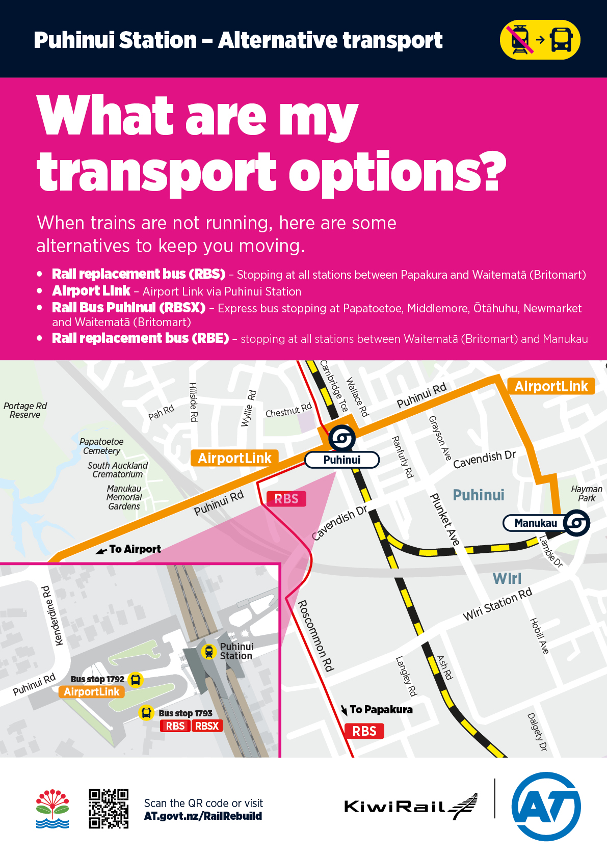 Map showing the alternative bus services for Puhinui Station.