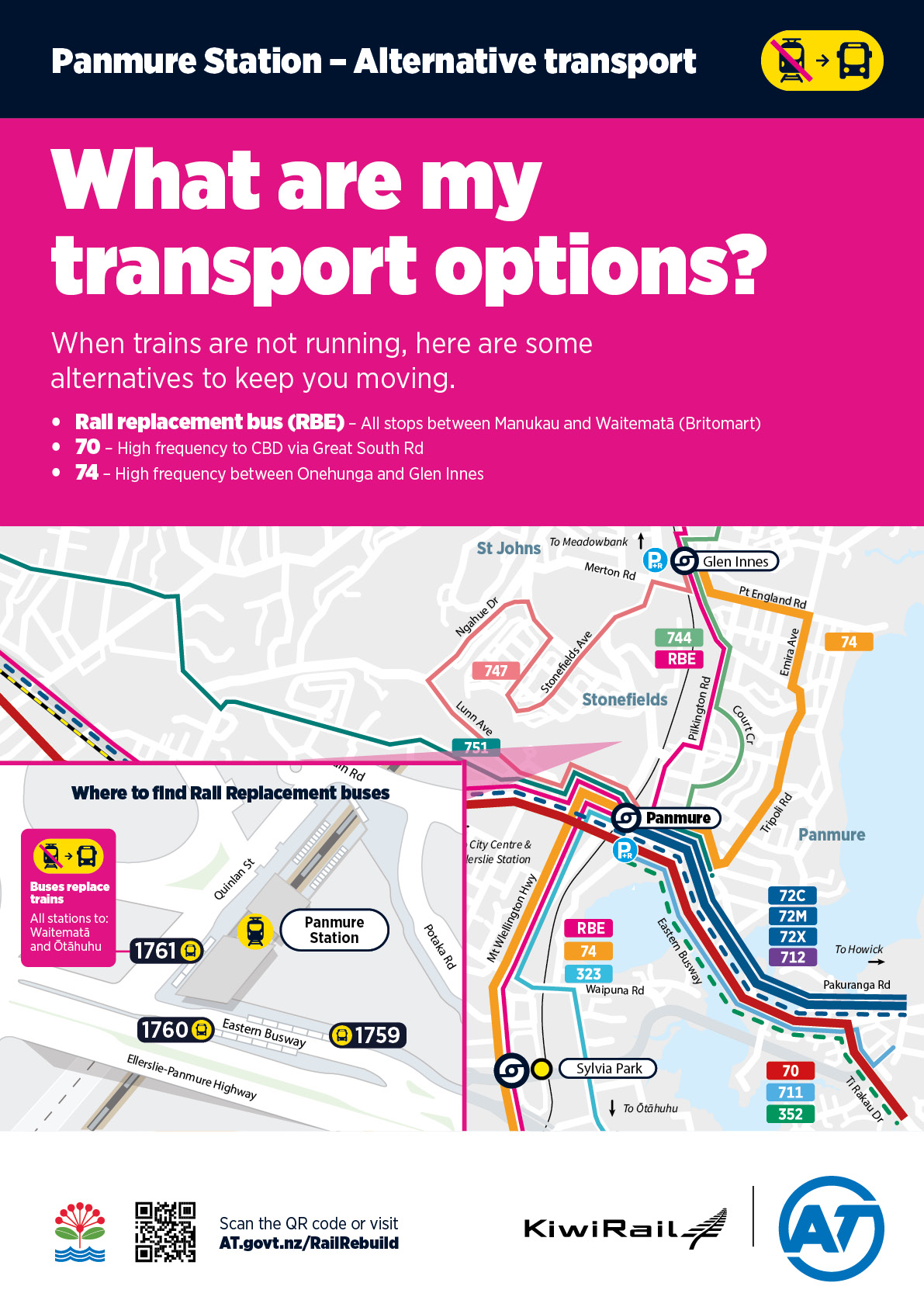 Map of Panmure Station showing rail bus replacements.