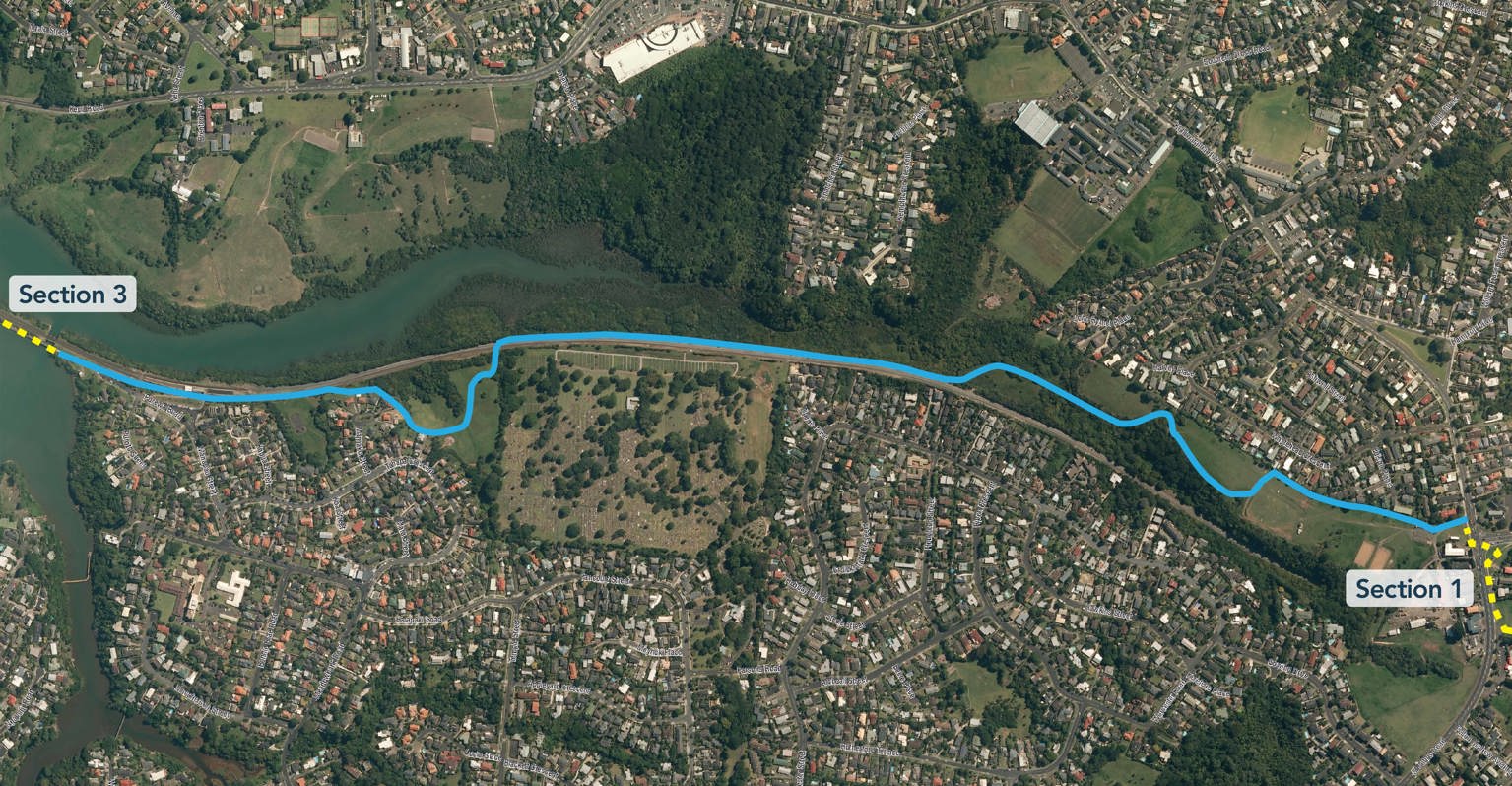 Satellite map showing section two of the Glen Innes to Tamaki Drive shared path.