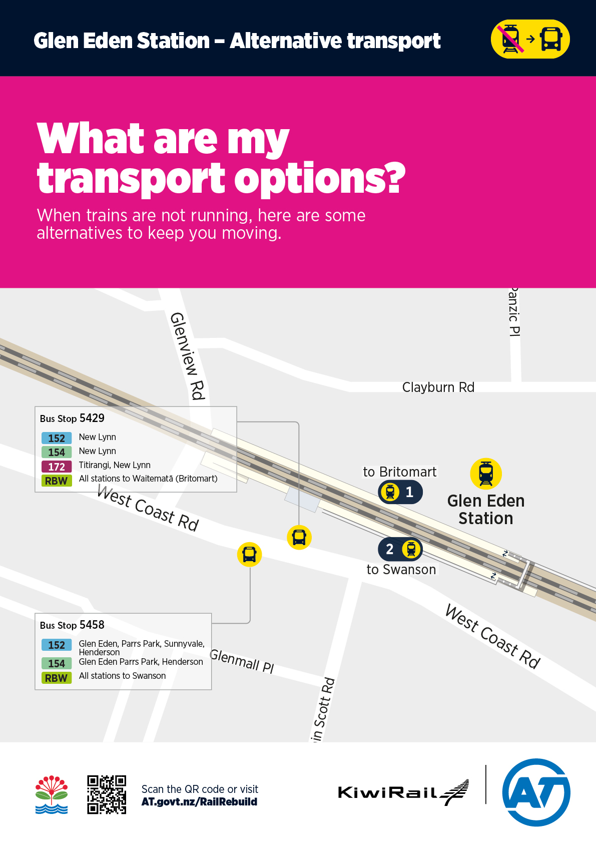 Map of Glen Eden Station showing rail bus replacements.