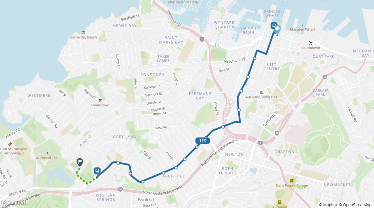 Map showing the bus journey from Britomart to Western Springs Bowl