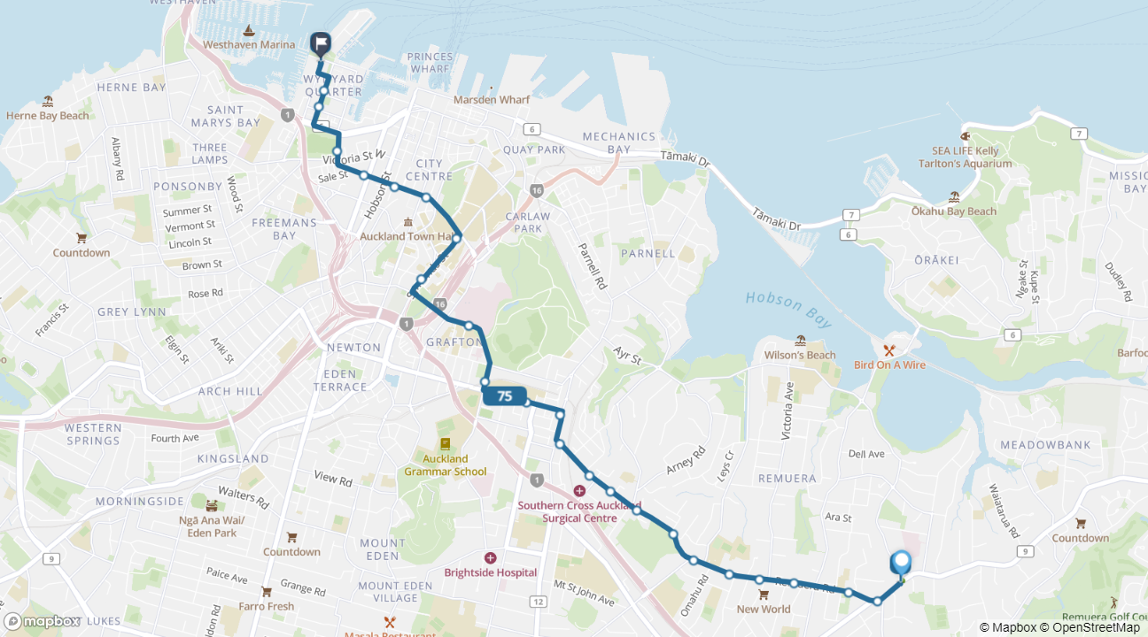 Remuera to Wynyard Quarter bus route 75 map