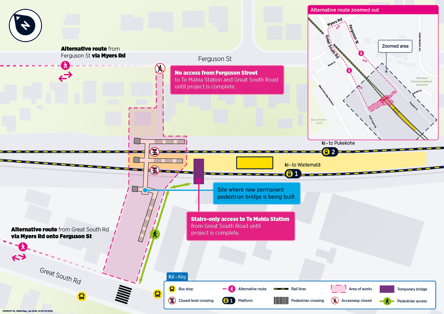 Map of the alternative access routes for Te Mahia station during the construction starting 27 January 2026.
