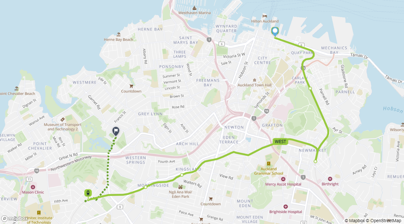 Map showing Waitematā Station to Western Springs Bowl train journey