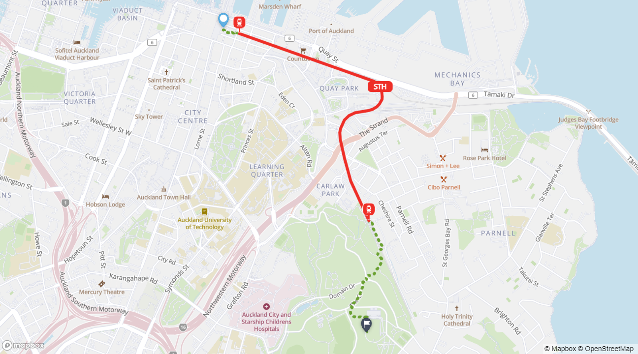 Train journey from City Centre to Auckland Domain map