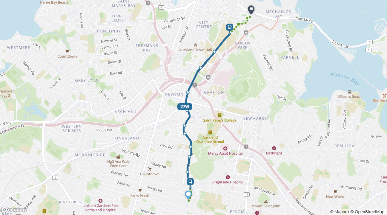 Mount Eden to Spark Arena bus route map