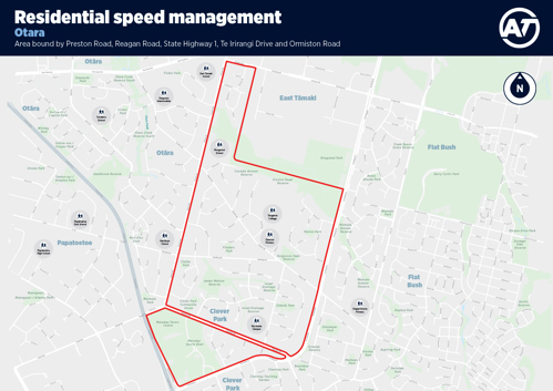 A map of the Otara Residential Speed Management programme priority area.