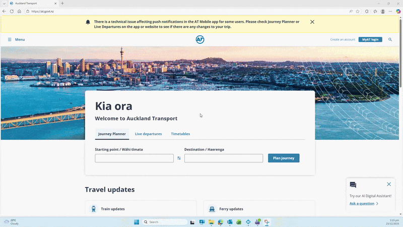 Journey Planner search going to New Lynn via bus and Western line