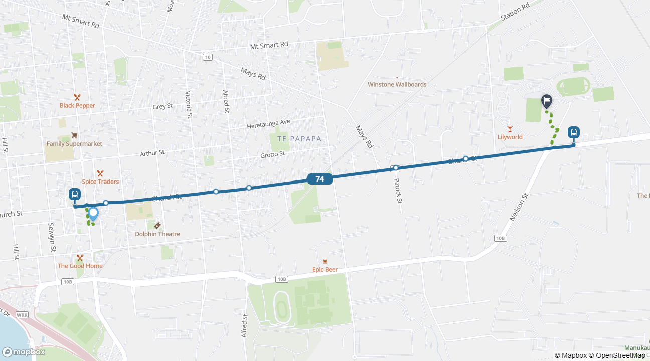 Onehunga to Go Media Stadium bus route 74 map