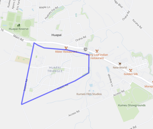Map showing Huapai Triangle and bordering streets in Kumeu
