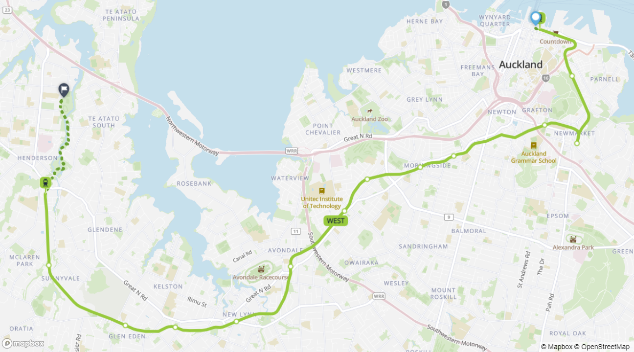 Britomart to The Trusts Arena Western Line train map