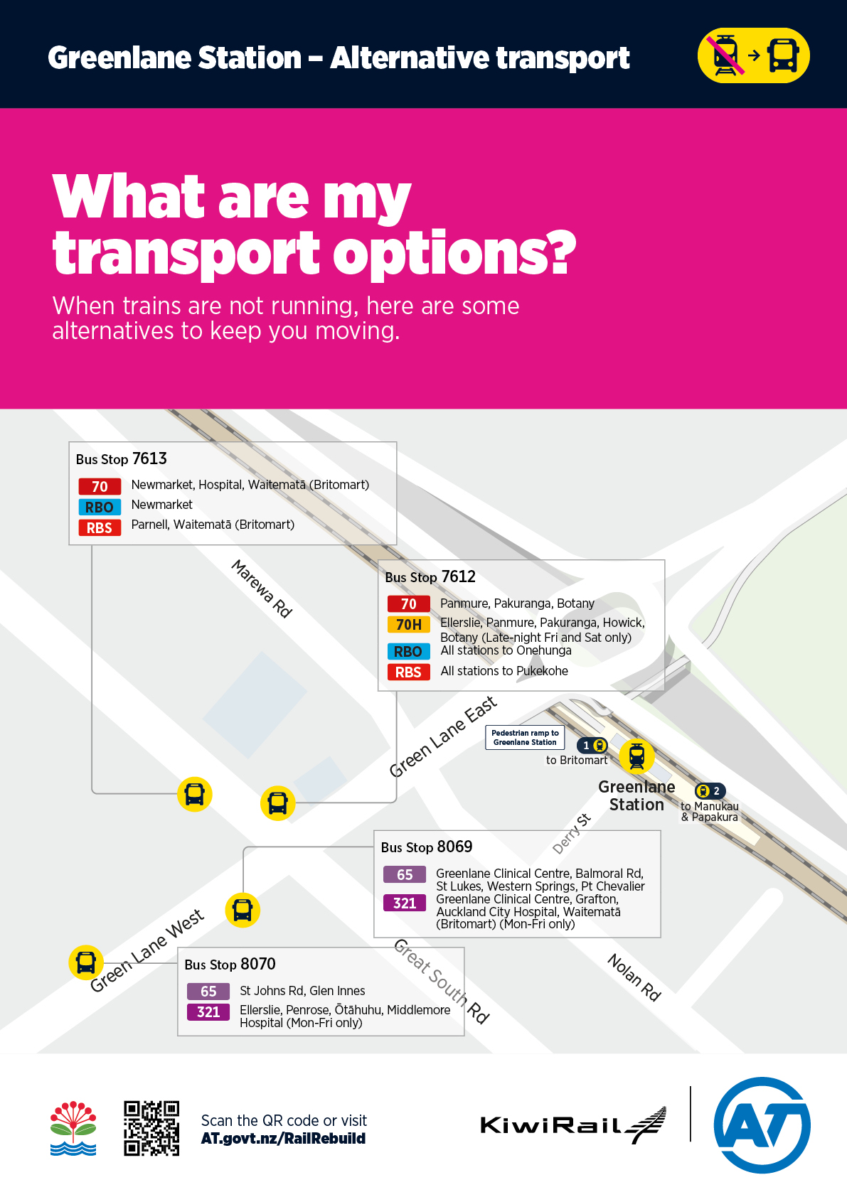 Map of Greenlane Station showing rail bus replacements.