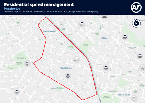 A map of the Papatoetoe Residential Speed Management programme priority area.