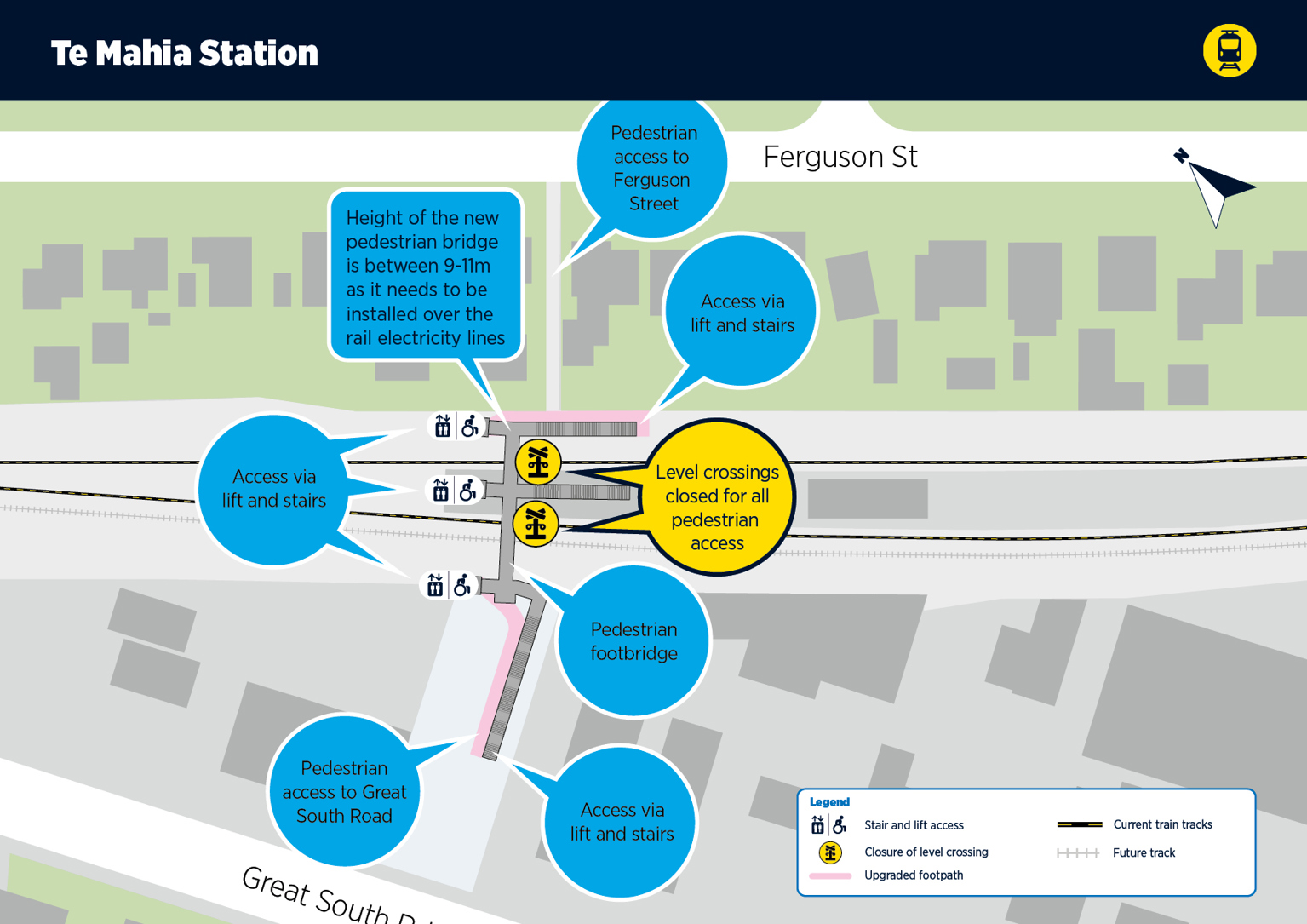 Map of the proposed design of the Te Mahia Station pedestrian overbridge.