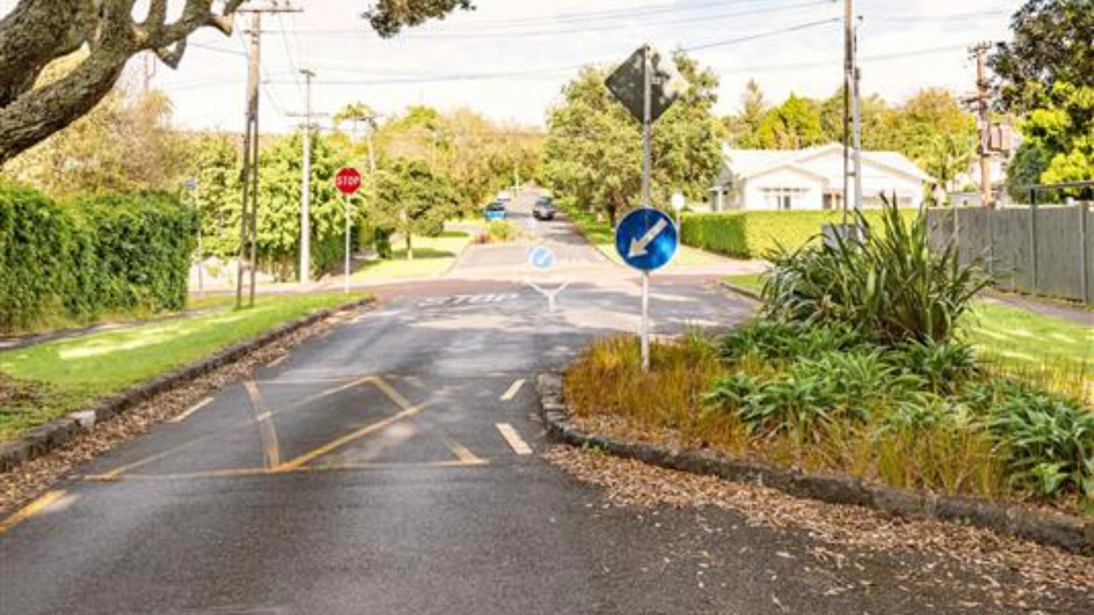 A chicane slows traffic on the road
