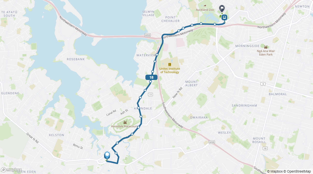 Map showing New Lynn to Western Springs Bowl bus journey