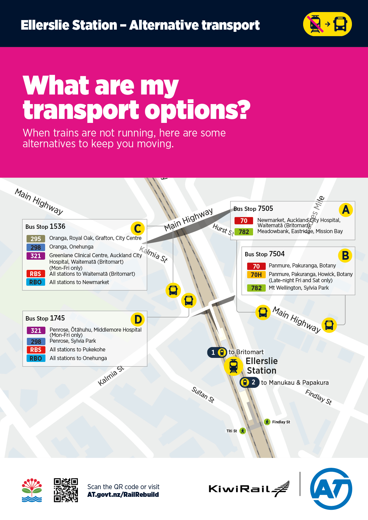 Map of Ellerslie Station showing rain bus alternatives.