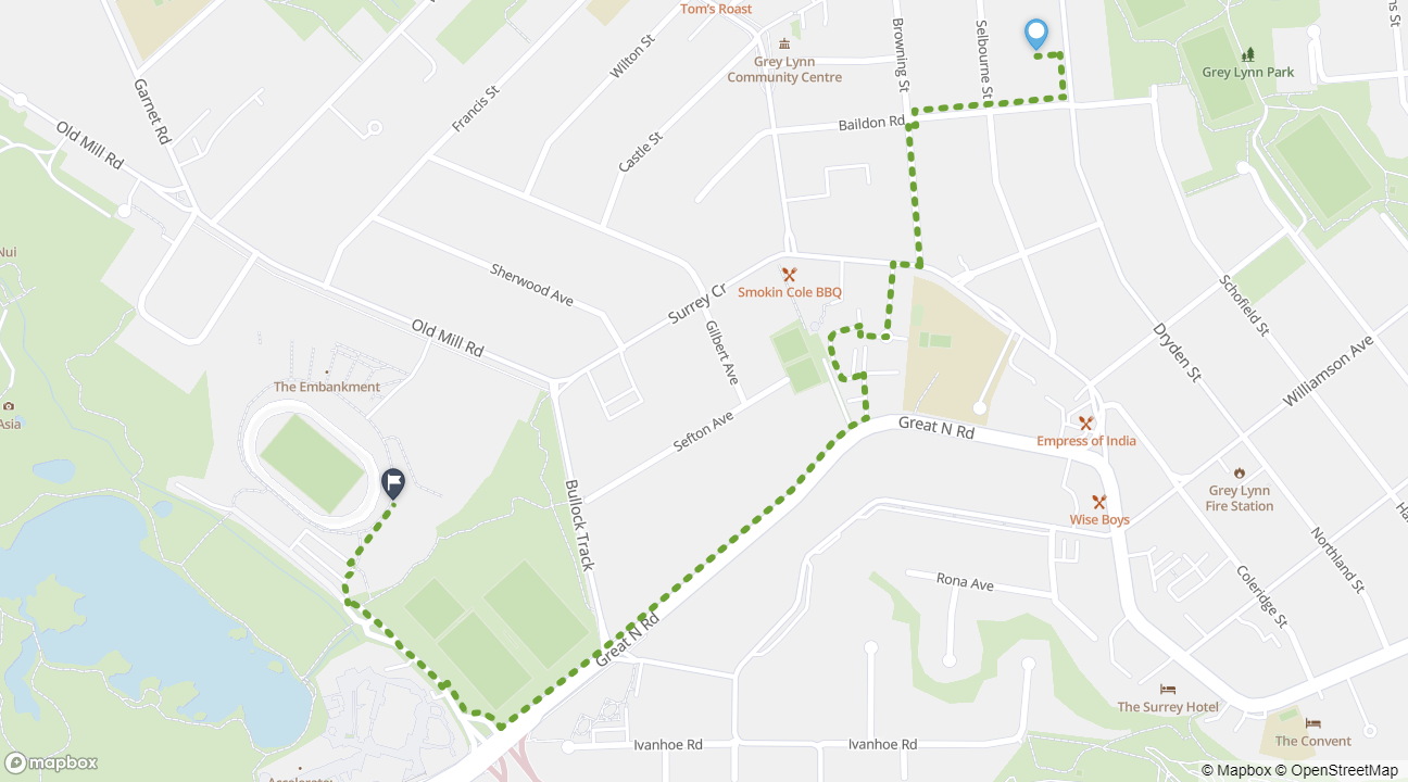 Map showing Grey Lynn to Western Springs Bowl walking journey