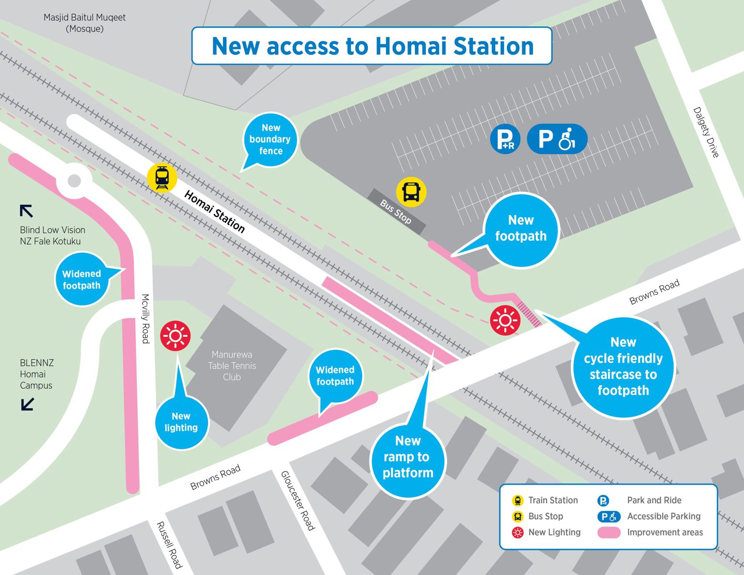 This map shows where improvements have been made, including the location of the new ramp. The existing accessible concrete path between the park and ride and Browns Road remains as it was.
