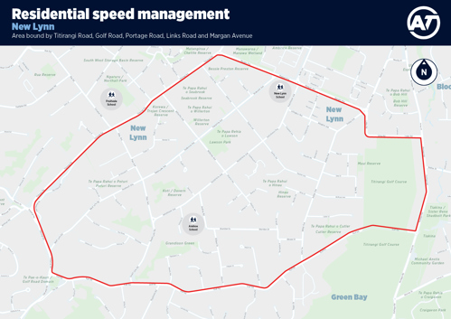 A map of the New Lynn Residential Speed Management programme priority area.