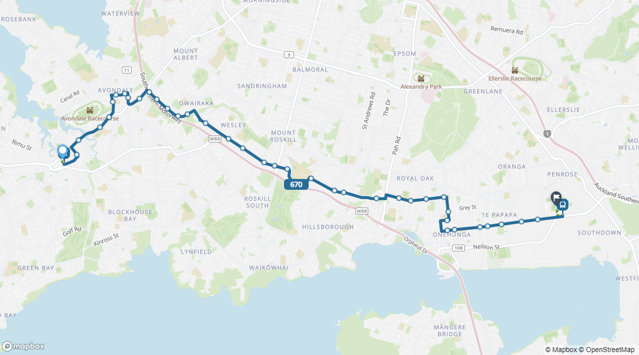 New Lynn to Go Media Stadium bus 67A map