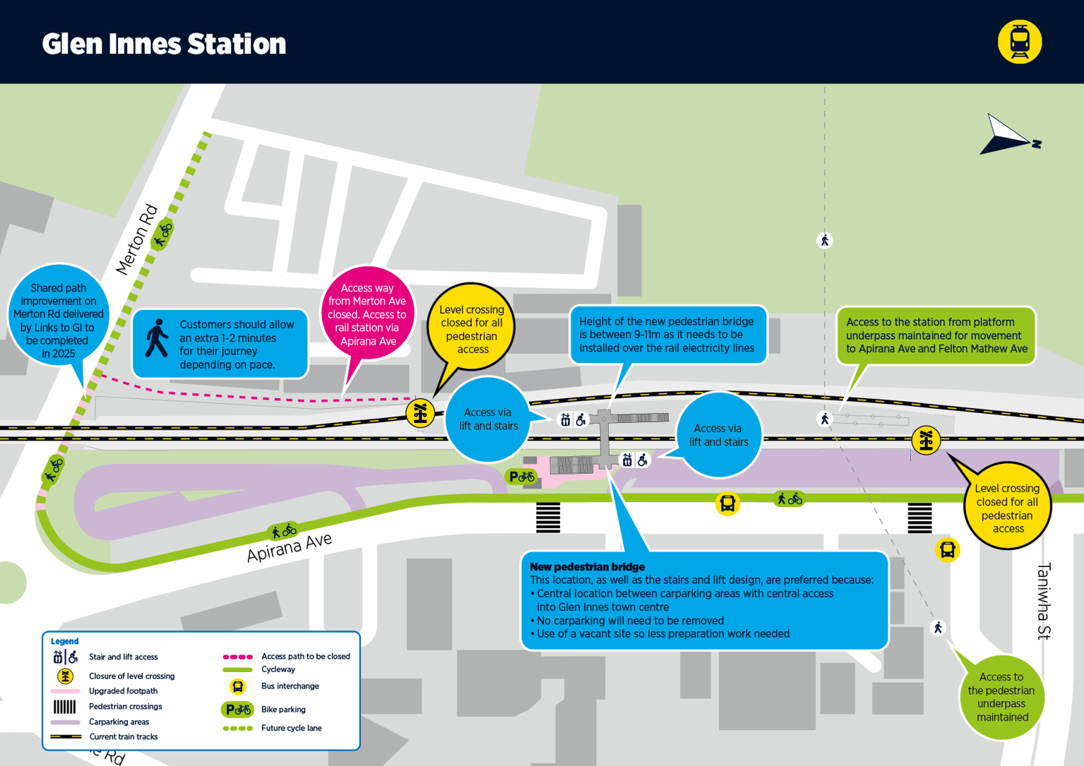 Map showing the location of the new pedestrian overbridge at Glen Innes Station we well as other key proposals including shared path and level crossing removal.