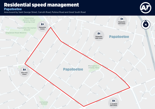 A map of the Papatoetoe Residential Speed Management programme priority area.