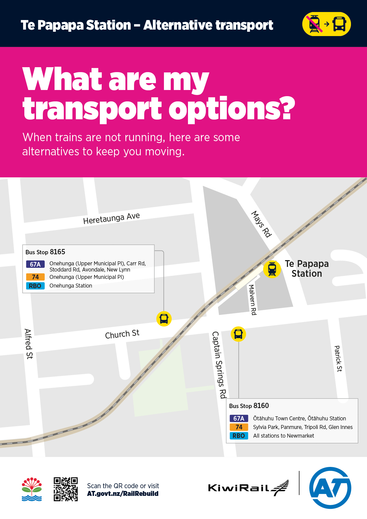 Map showing alternative transport options for Te Papapa Station.