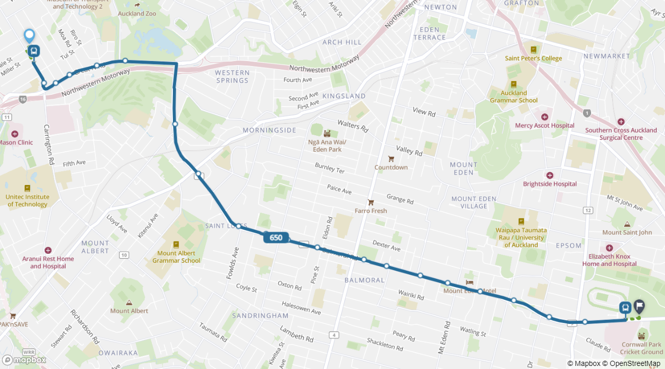 Point Chevalier to Auckland Showgrounds map