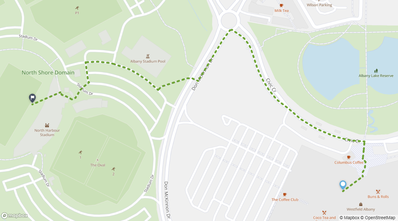 Westfield Albany to North Harbour Stadium map