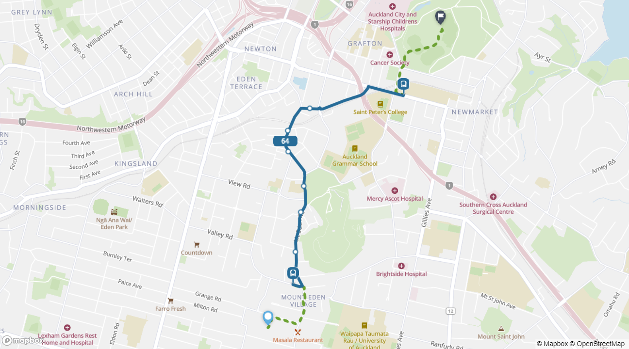 Mount Eden to City Centre bus route 64 map