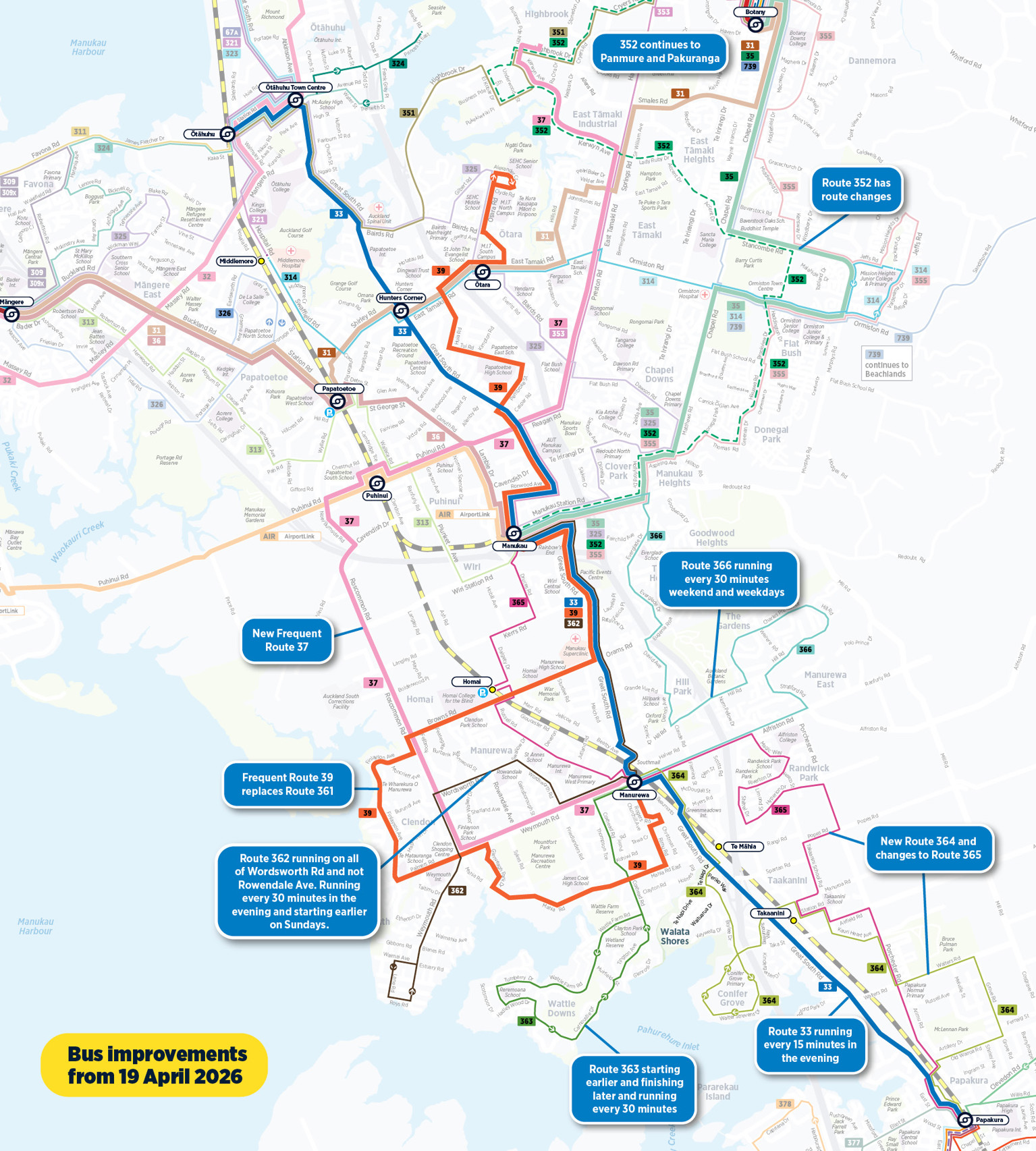 Map of south Auckland bus route changes.