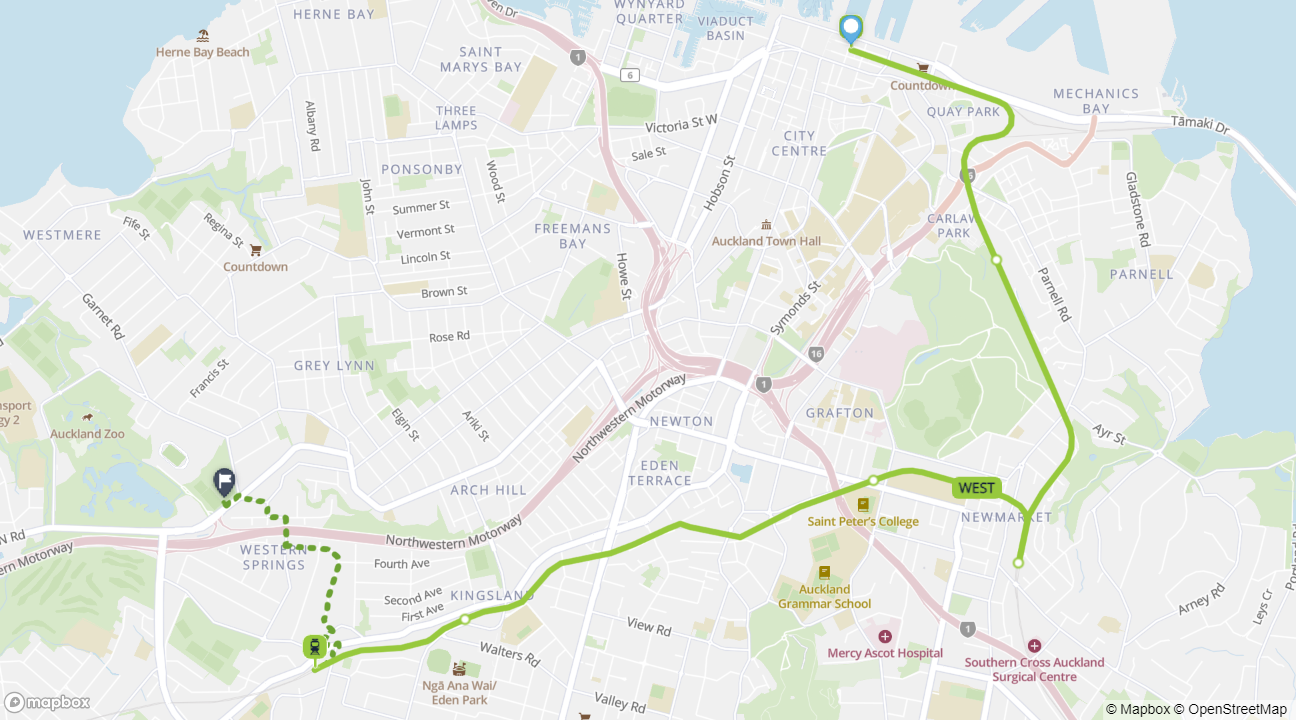 Map showing Waitematā Station to Outer Fields Western Springs train journey