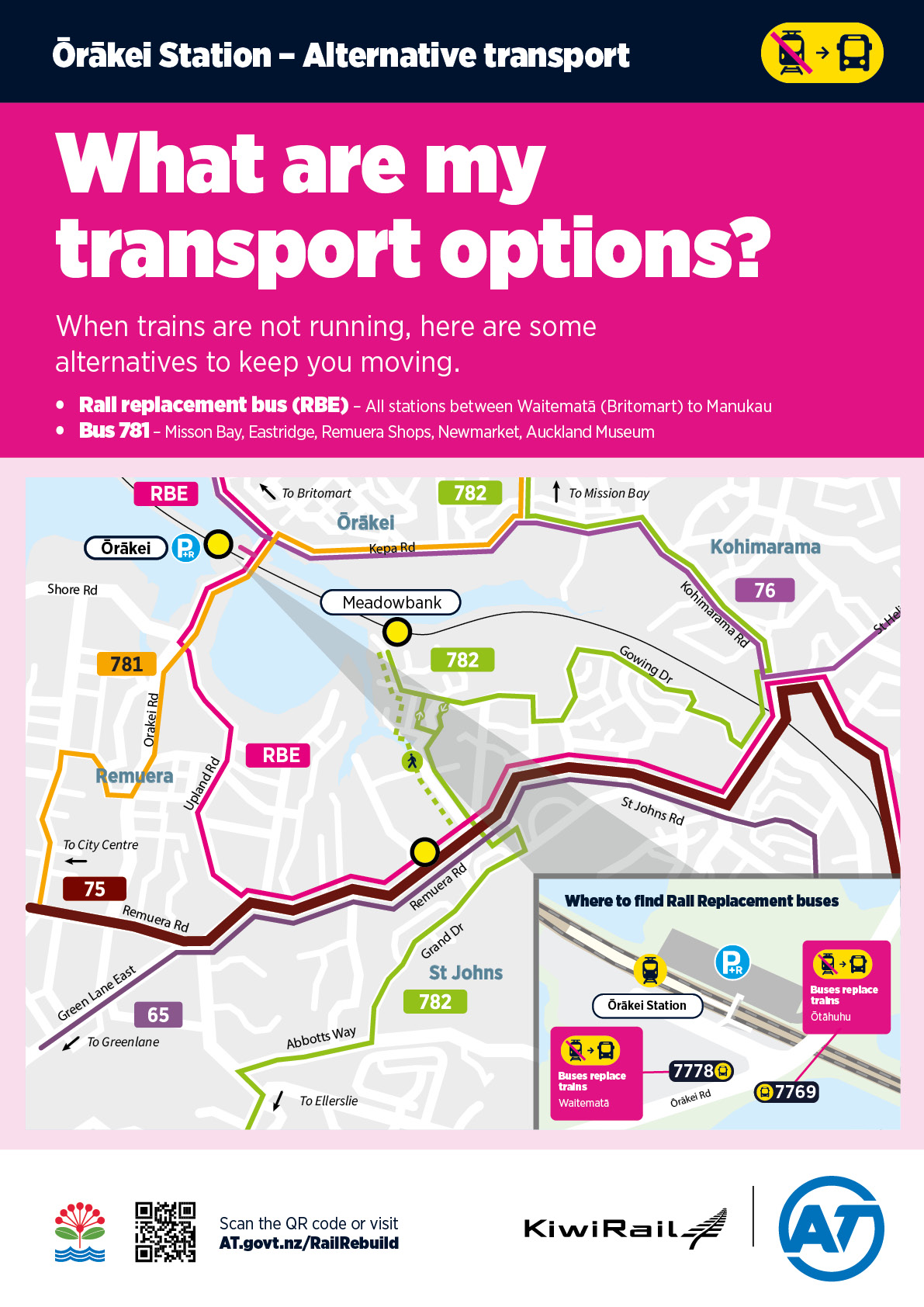 Map of Ōrākei Station showing rail bus replacements.